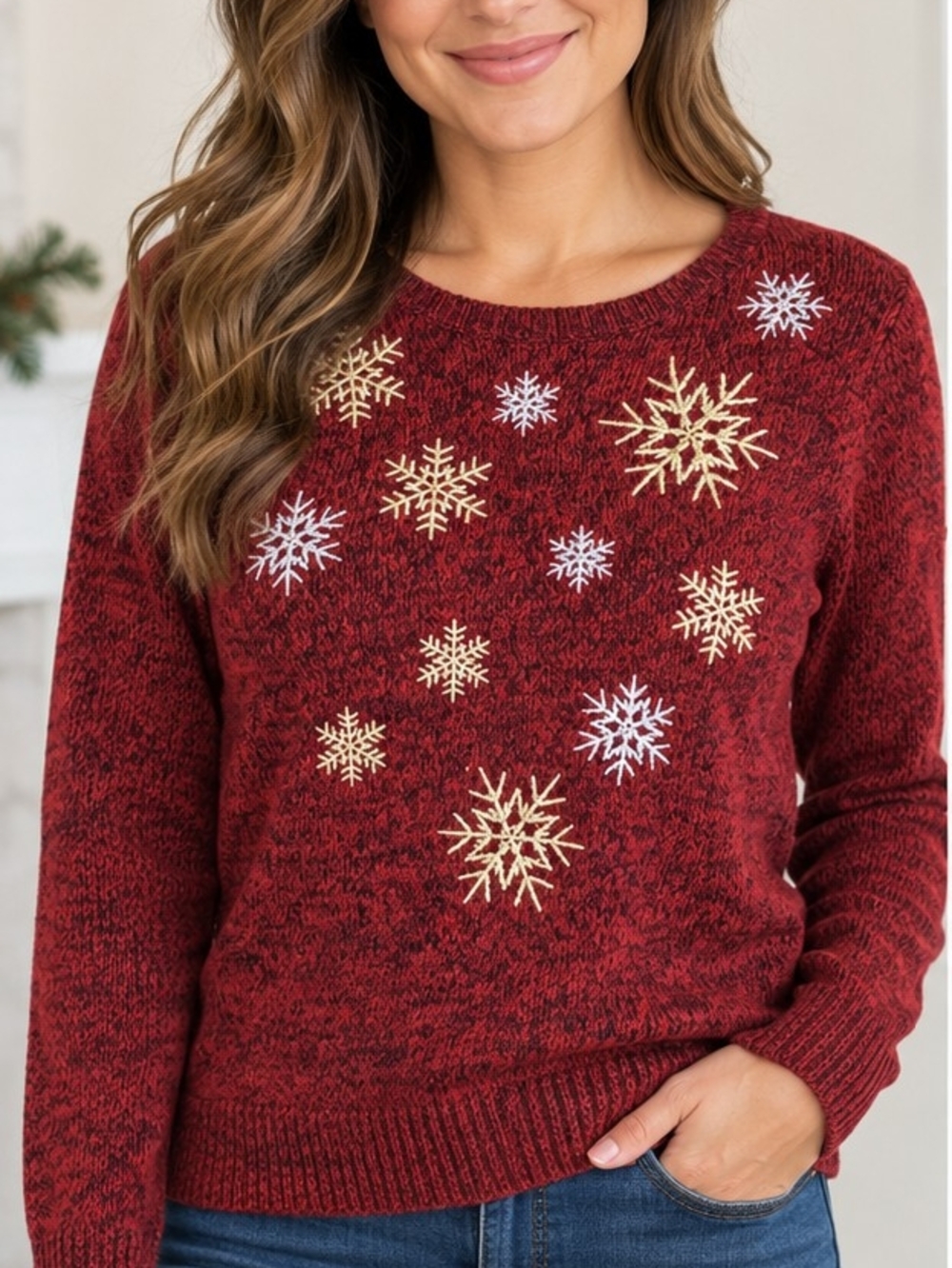 Croft & Barrow Women's M Christmas Sweater Burgundy Embroidered Snowflake